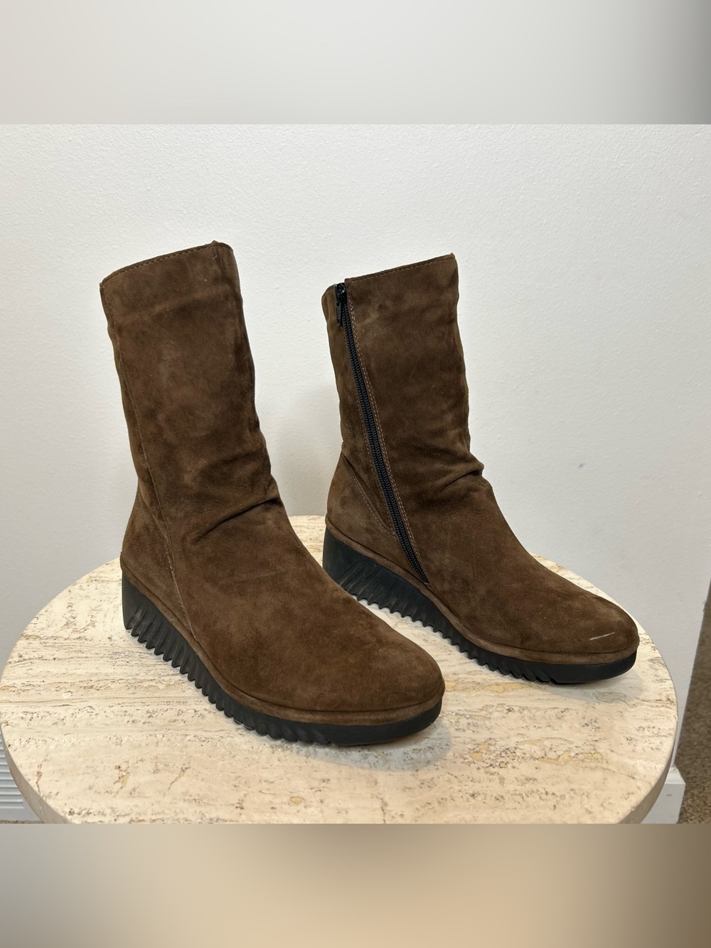 Fly London Brown Suede Nubuck Mid-Calf Heeled Boots Size 37 6.5